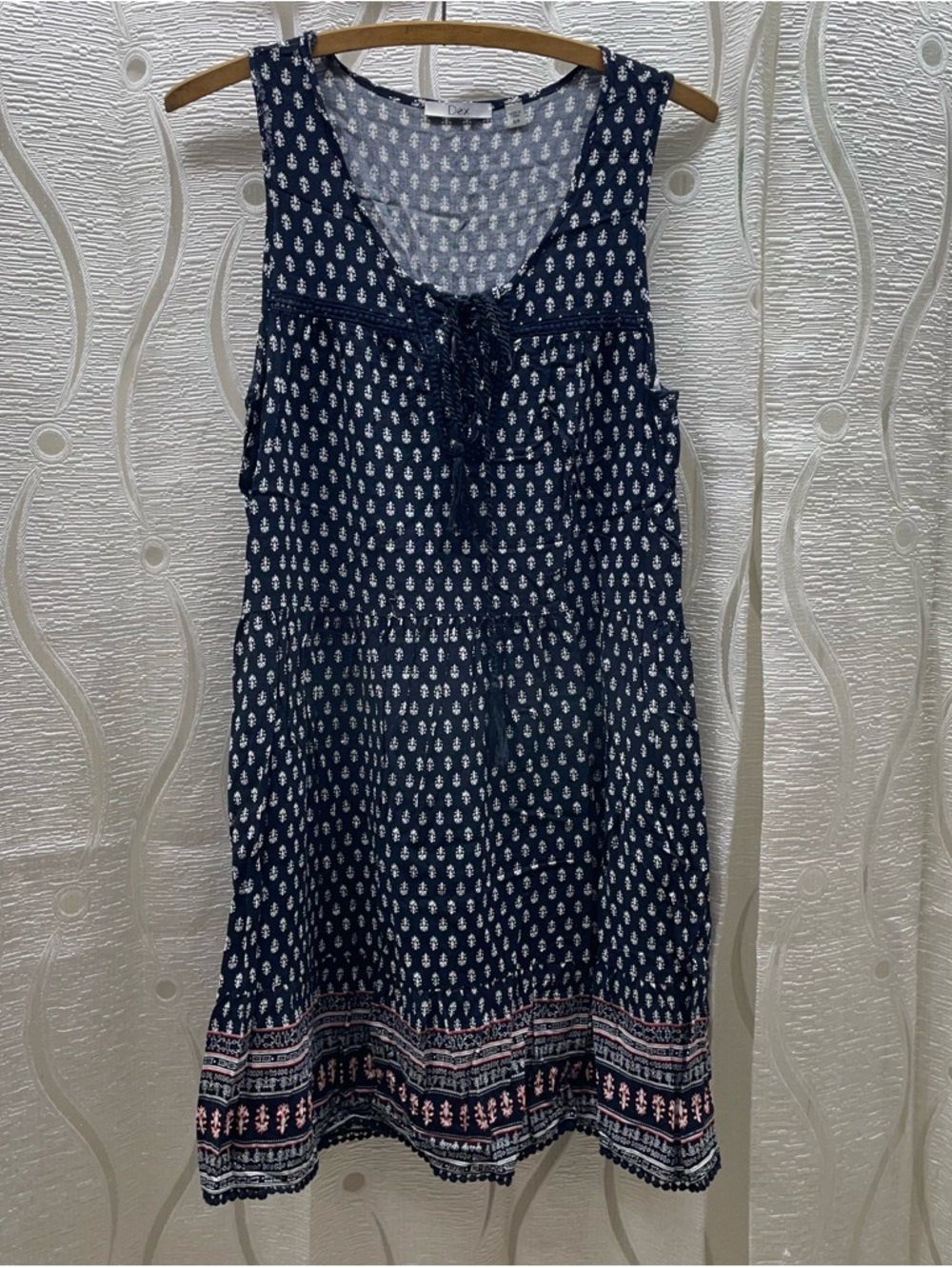 Dex Dress Womens Small Navy Blue Excellent Boho Lace Up Tassel Pom‎ Pom Hem